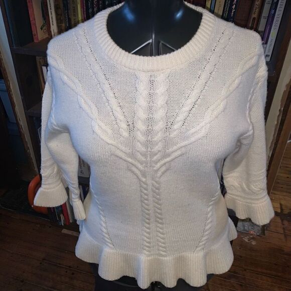 Kate Spade cream wool/cashmere cable knit ruffled hem S romantic royalcore sweat - Picture 2 of 5
